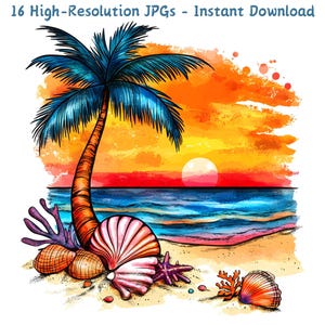 Clipart de cena de praia em aquarela, pôr do sol vibrante com palmeira, conchas e corais na areia JPG, arte digital para scrapbook, criação de cartões, artesanato