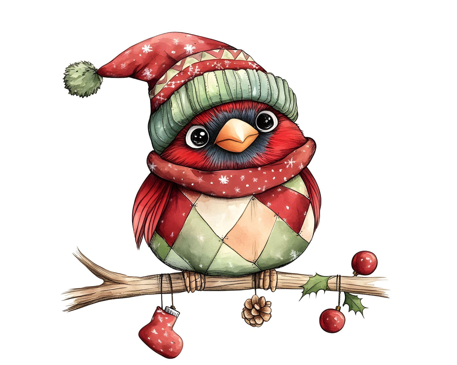 Whimsy Cardinal Vector Christmas Cardinal Clipart: Whimsical Xmas Bird JPG (digital Download ...