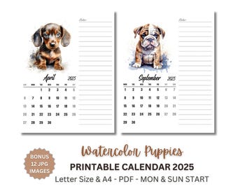 2025 Monthly Planner Printable with Watercolor Puppies, A4 & US Letter, Monday and Sunday Start, PDF Calendar, Digital Download