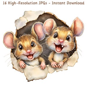 Clipart grappige muis, schattige aquarelmuizen die door gaten in de muur kijken, 16 JPG-bestanden, kaarten maken, Paper Craft, digitale download, commercieel