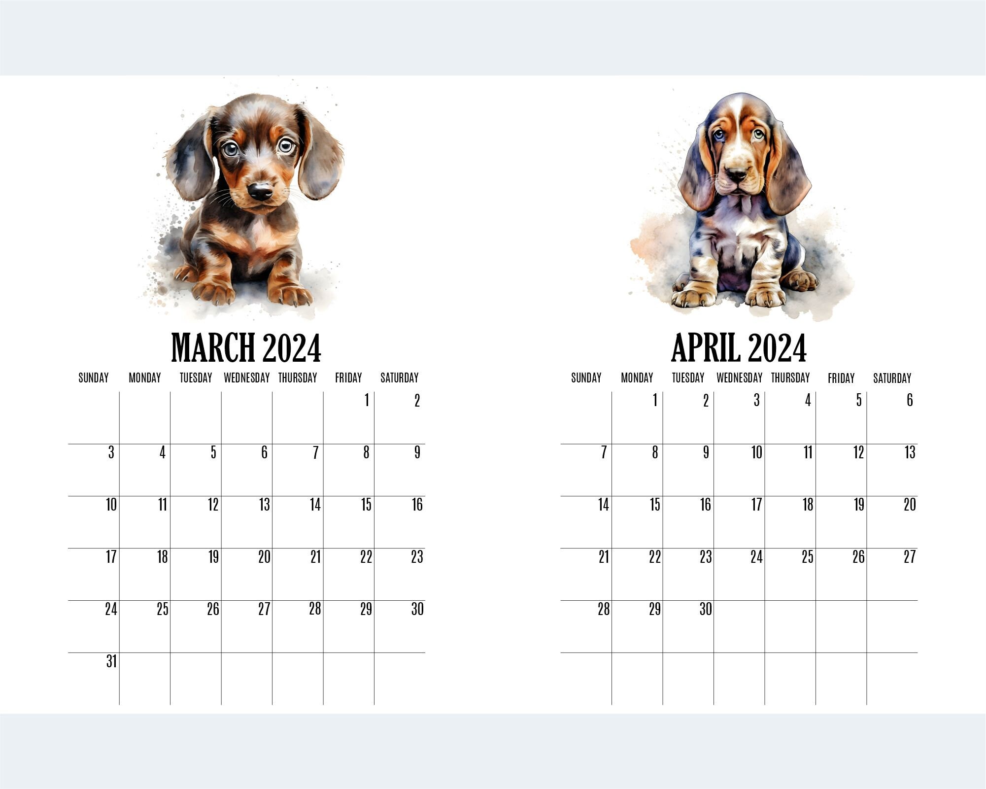 Dog Calendar 2024, Printable Calendar, Puppy Calendar, Monday and ...