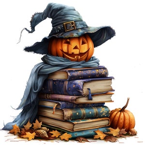 May include: A carved jack-o'-lantern wearing a blue witch hat and a blue scarf sits on top of a stack of old, leather-bound books. A small orange pumpkin sits on the ground next to the books.