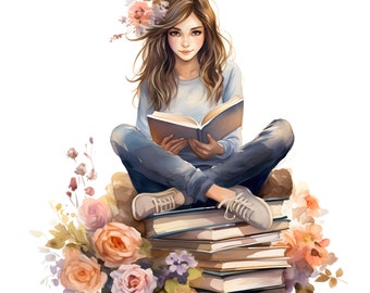 Girl Sitting On A Stack Of Books Clipart, 12 JPGs, Watercolor Books, Girl Reading Clipart, Books Clipart, Back To School, Commercial Use