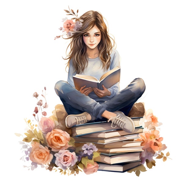 Girl Sitting On A Stack Of Books Clipart, 12 JPGs, Watercolor Books, Girl Reading Clipart, Books Clipart, Back To School, Commercial Use