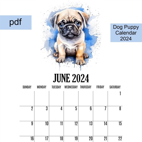 Dog Calendar 2024, Printable Calendar, Puppy Calendar, Monday And Sunday Start, A4 And Letter Size, 12 Months Calendar 2024, PDF