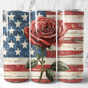 Emballage pour gobelet vintage rose rouge sur drapeau américain | Conception PNG transparente rustique du 4 juillet | Lime droite et conique, 20 oz | Téléchargement numérique