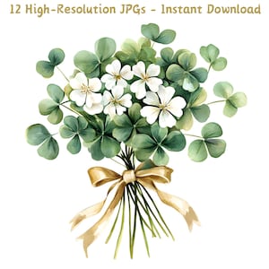 Aquarel klaverboeket clipart, groene klaverblaadjes en gouden lint JPG, digitale bloemsierkunst, scrapbooking, kaarten maken, ambachten, commercieel