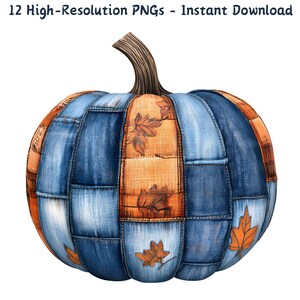 May include: A watercolor illustration of a pumpkin with a patchwork design. The pumpkin is made of blue denim and orange fabric, with brown leaf accents. The text "12 High-Resolution PNGs - Instant Download" is at the top.