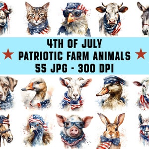 Patriotic Farm Animals Clipart, 55 JPG Watercolor 4th of July Animals with USA Flag Bandanas for Scrapbooking & DIY Crafts, Commercial Use