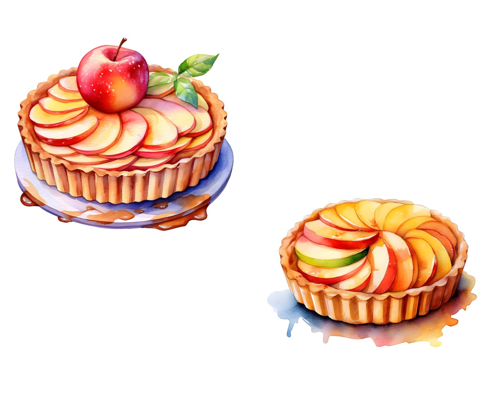 Watercolor Apple Tart Clipart, 16 PNG, Fruit Tart, Food Clipart