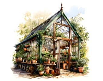 Aquarell Gewächshaus Clipart: 12 JPGs für Junk Journals (Digitaler Download)