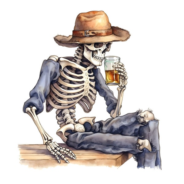 Skeleton Drinking Beer Clipart, 16 JPGs, Watercolor Halloween Clipart, Digital Paper Craft, Junk Journal, Scrapbook, Commercial Use