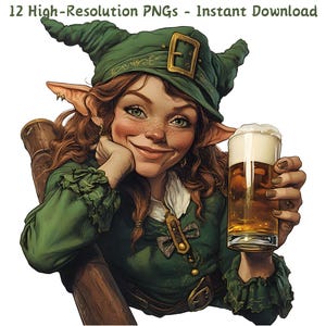Clipart de duende vintage con cerveza, caricatura del día de San Patricio PNG para manualidades, álbumes de recortes y fabricación de tarjetas, uso comercial