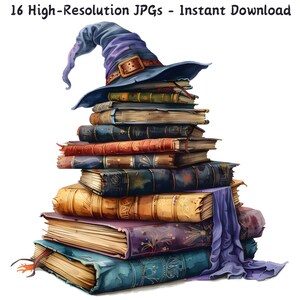 May include: A pile of old books topped with a witch's hat. The books are in shades of blue, gold, and purple, with a purple scarf. The image includes the text "16 High-Resolution JPGs - Instant Download."