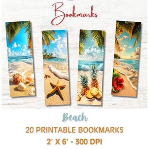 May include: Set of 20 printable bookmarks featuring a beach theme. The bookmarks have images of seashells, starfish, palm trees, and pineapples on a sandy beach with blue ocean water.