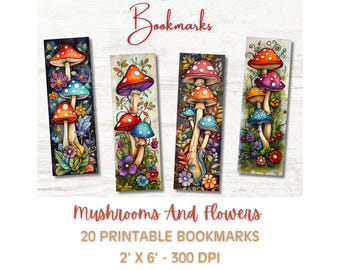 Watercolor Mushroom Bookmarks: Fantasy Floral Art, Printable PNG/JPG Files