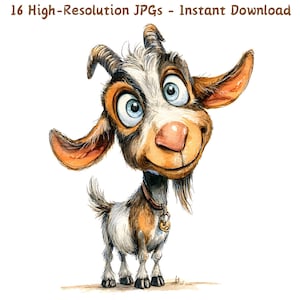 Clipart aquarelle drôle de chèvre, art animalier de la ferme mignon, 16 fichiers JPG, illustration originale de chèvre, fabrication de cartes, téléchargement numérique