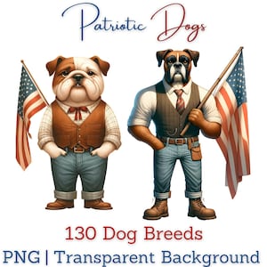 Patriotic Dogs with USA Flag Clipart, 130 PNG Watercolor 4th of July Dog Illustrations, Independence Day Cartoon Art, Card Making