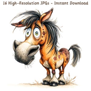 Lustiges Pferd Aquarell Clipart, schrullig, wunderliche Bauernhof Tier Kunst, 16 JPG-Dateien, süße Pferd Illustration, Kartenherstellung, Junk-Journal