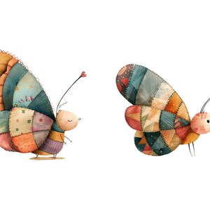 May include: Two colorful patchwork butterflies with whimsical faces. The butterflies are made of different colored fabrics and have a vintage, handmade look.