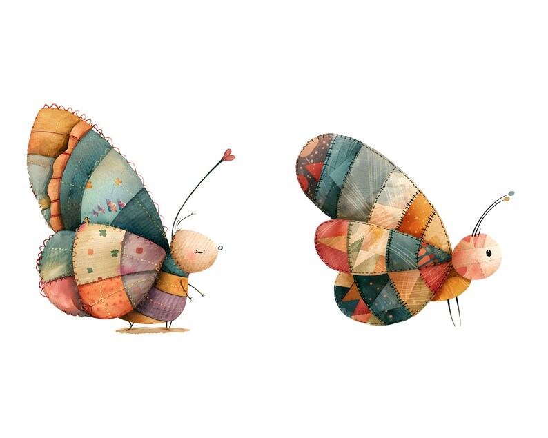May include: Two colorful patchwork butterflies with whimsical faces. The butterflies are made of different colored fabrics and have a vintage, handmade look.