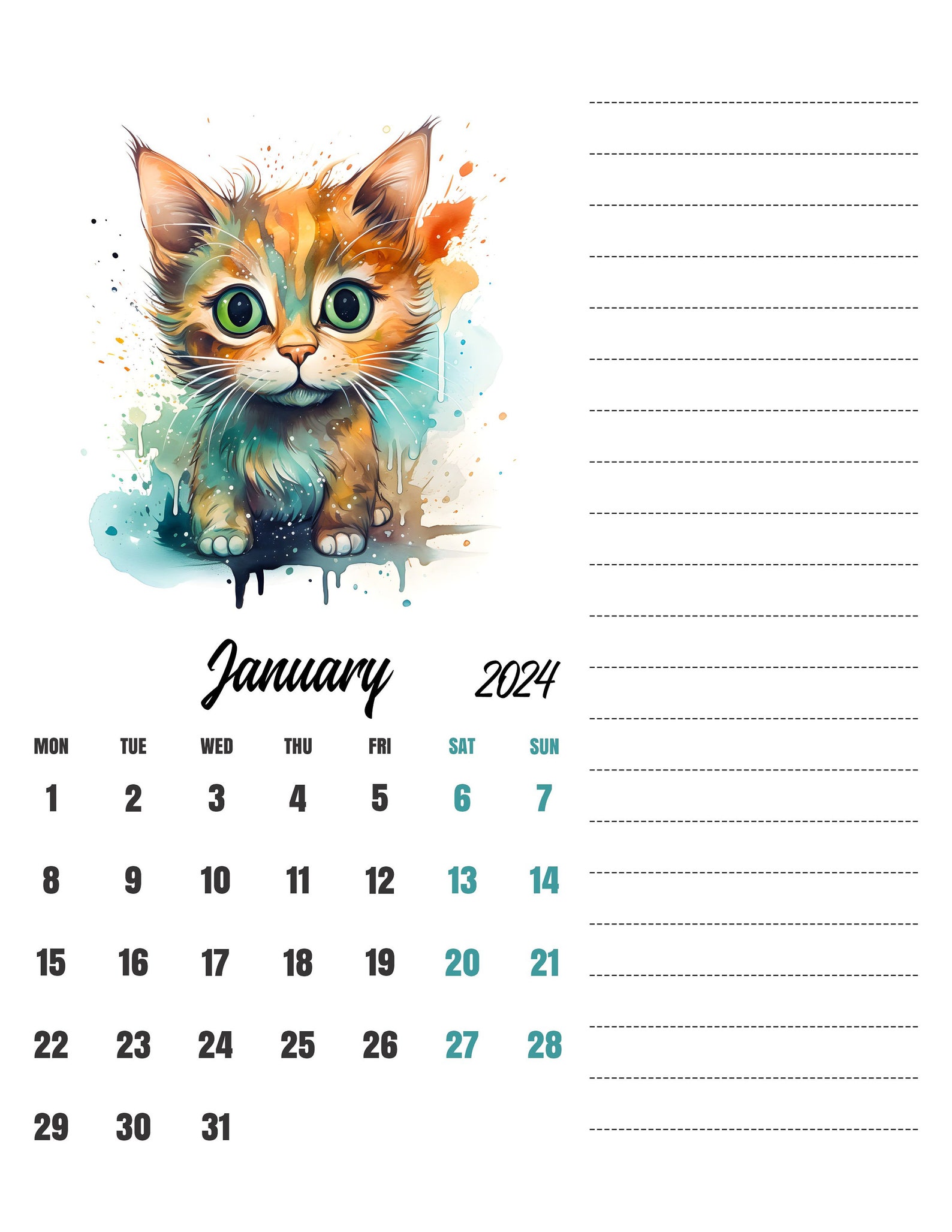 Cat Calendar 2024, Printable Calendar, Monthly Calendar Printable