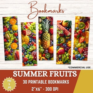 Summer Fruits Printable Bookmarks, Set Of 30, PNG/JPG, 2x6 Inch, Watercolor Digital Sheets, Book Lover, Fruit Lover, Digital Download
