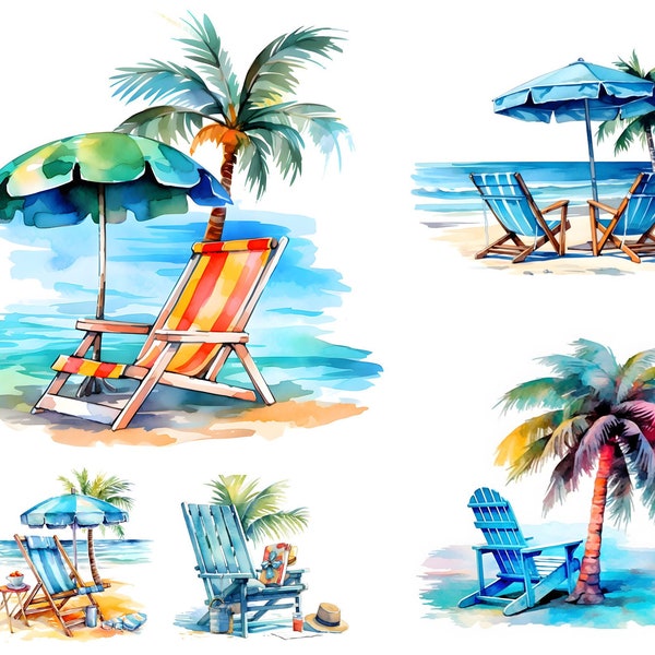 Strandstühle Clipart, 16 JPGs, Aquarell Strand, Sommer Clipart, Collage Bilder, Scrapbook Bilder, digitales Basteln, kommerzielle Nutzung