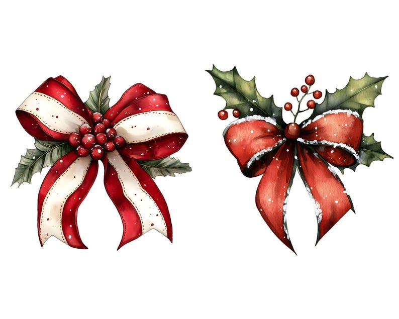 Christmas Ribbon Bow Watercolor Clipart – 14 JPG | Festive Holiday Red ...