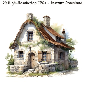 Watercolor Stone House Clipart, Old Country Village Home, 20 JPGs for Scrapbooking, Paper Crafts, Card Making, Commercial Use