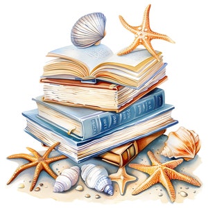 Clipart pila di libri, 14 libri PNG, libri estivi sulla spiaggia, clipart acquerello, creazione di carta digitale, creazione di cartoline, album di ritagli, uso commerciale