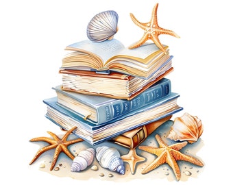 Aquarell Strand Bücher Clipart: Sommer Stapel Bücher PNG (digitaler Download)