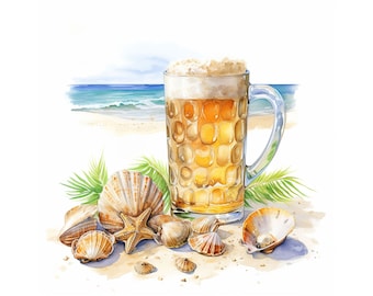 Clipart di birra da spiaggia ad acquerello: disegni estivi (download digitale)