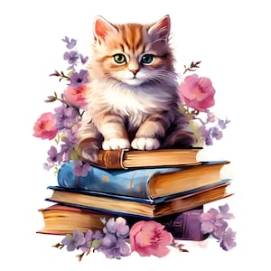 Clipart chat assis sur une pile de livres, 16 fichiers JPG, aquarelles, chaton, clipart chat, clipart livres, retour à l'école, usage commercial