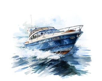 Clipart di motoscafi ad acquerello, arte di barche a motore (download digitale)