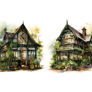 K&ouml;nnte beinhalten: Zwei Aquarell-Illustrationen von gr&uuml;nen Glash&auml;usern mit filigranen Details. Die H&auml;user sind von &uuml;ppigem Gr&uuml;n und Topfpflanzen umgeben.