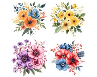 Watercolor Flower Bouquet Clipart: Floral Scrapbook Images (Digital Download)