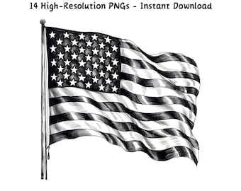 Sketch of American Flag Black and White USA Patriotic Clipart, 4th July, 14 PNG Files for Sublimation, Crafts & Printables, Digital Download