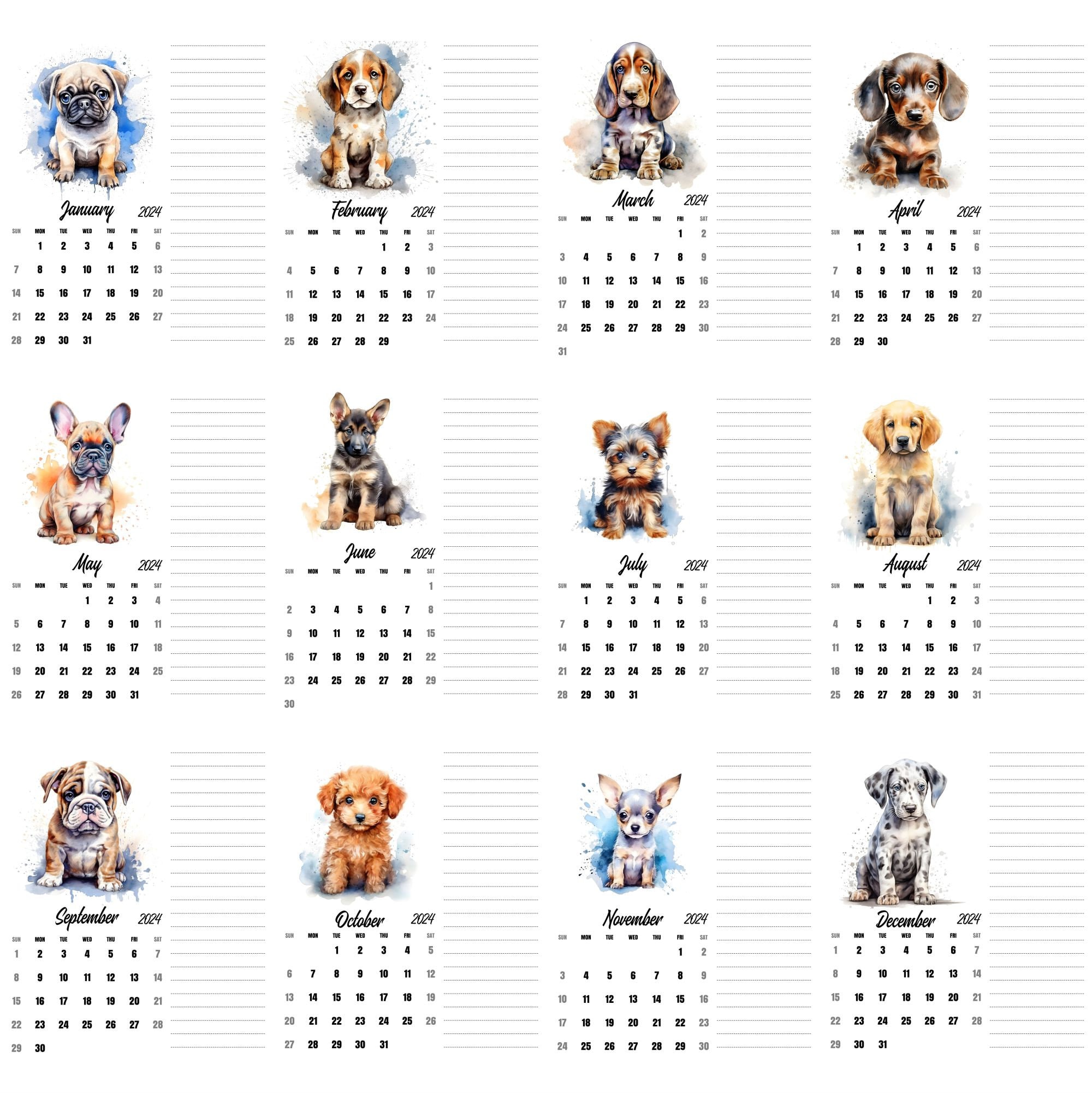 Dog Calendar, 2024 Calendar, Puppy Calendar, Monday Start, Sunday Start, Printable  Calendar, Monthly Calendar Printable, A4, Letter Size - Etsy