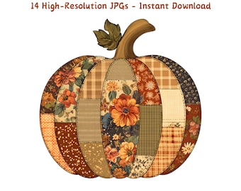 Patchwork Pumpkin Watercolor Clipart – 14 JPG Files | Quilted Pumpkin Design for Fall & Halloween Crafts