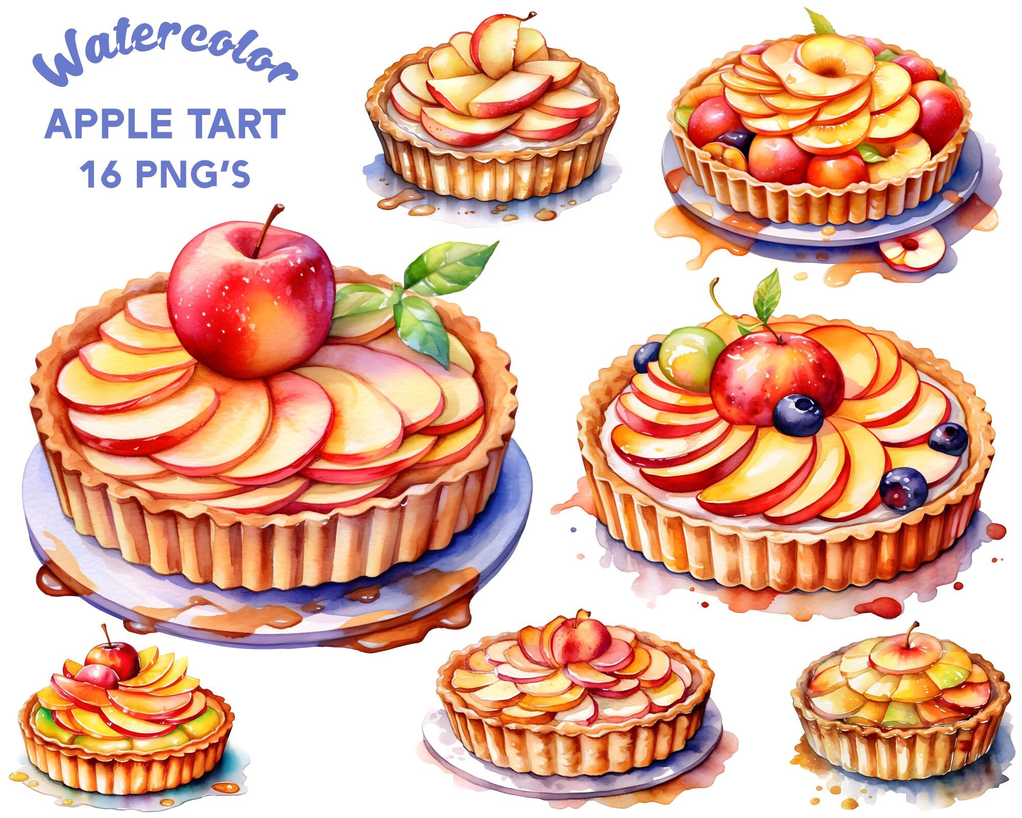 Watercolor Apple Tart Clipart, 16 PNG, Fruit Tart, Food Clipart