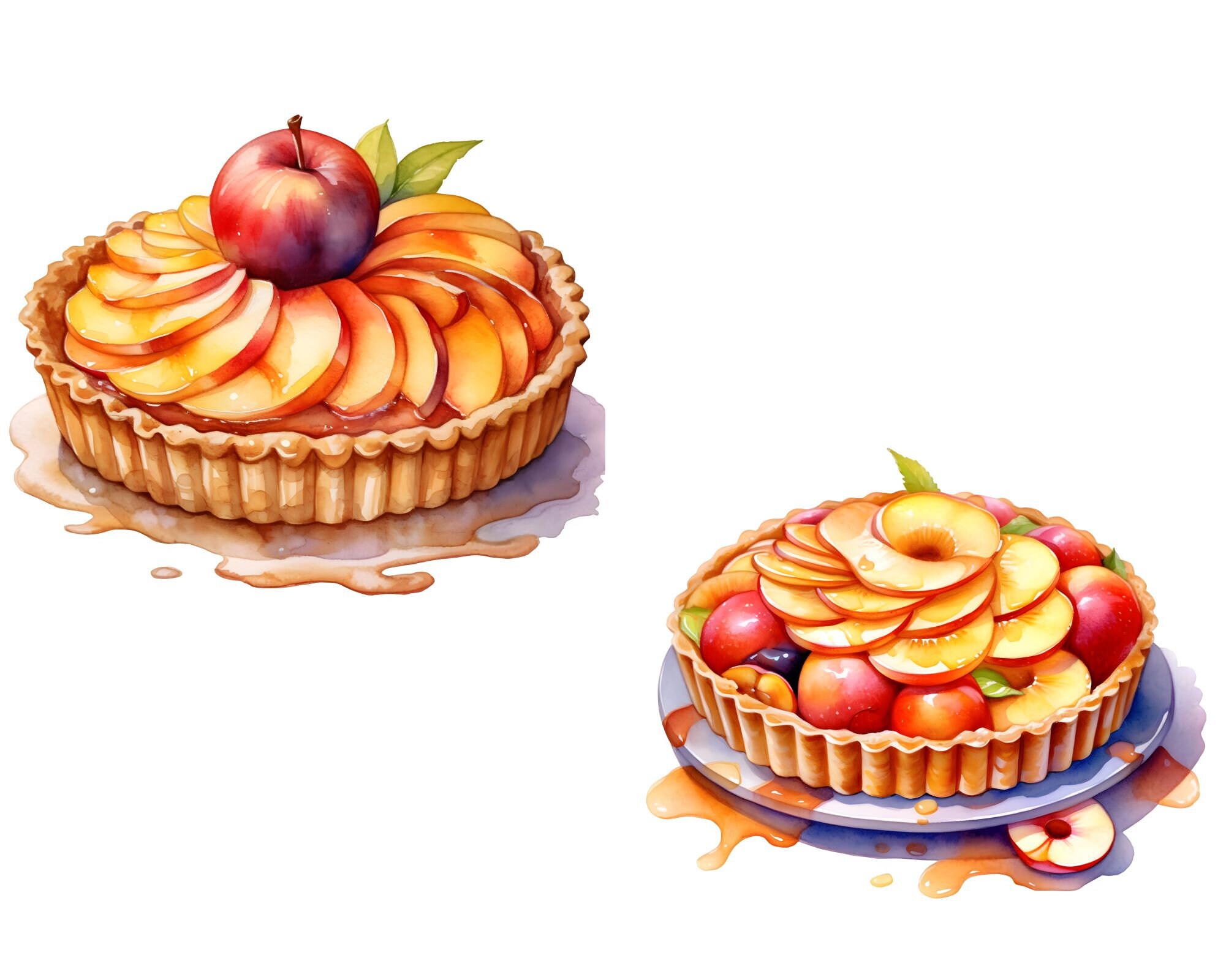 Watercolor Apple Tart Clipart, 16 PNG, Fruit Tart, Food Clipart