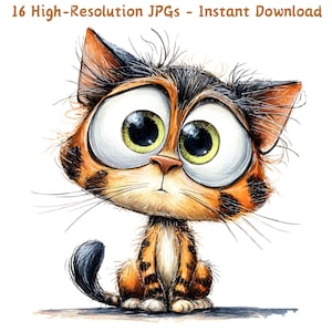Clipart aquarelle chat drôle, art animalier original et mignon, 16 fichiers JPG, fabrication de cartes, tenue d'un journal, téléchargement numérique pour les amoureux des chats