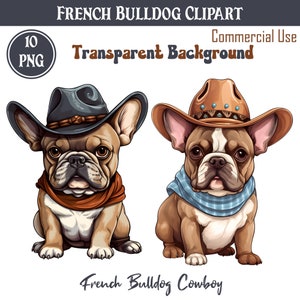 Bulldog Francês Clipart, 10 PNG, Western Clip Art, Cachorro Com Chapéu De Cowboy, Imagens De Scrapbook, Artesanato Em Papel Digital, Uso Comercial