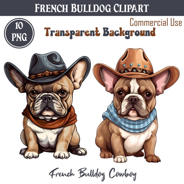 French Bulldog Clipart, 10 PNG, Western Clip Art, Dog With Cowboy Hat, Scrapbook Images, Digital Paper Craft, Commercial Use