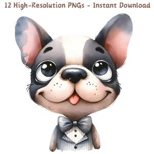 Lustige wunderliche schrullige französische Bulldogge Cartoon Clipart, 12 PNG-Dateien, niedliches Aquarell Hund Design, digitaler Download, kommerzielle Nutzung