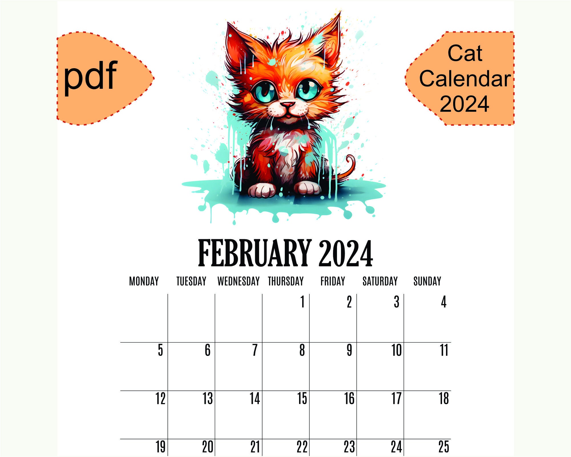 Cat Calendar 2024 Printable Calendar Kitten Calendar PDF Etsy Australia