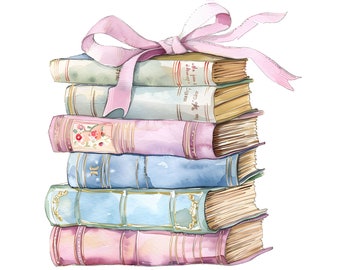 Könnte beinhalten: Ein Stapel antiker Bücher mit einem rosa Band darum gebunden. Die Bücher haben einen Aquarell-Effekt und sind in Blautönen, Rosa und Grün gehalten.