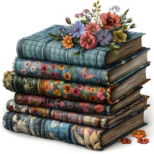 May include: A stack of vintage books with floral patterned covers, topped with a bouquet of colorful flowers. The books are arranged in a pyramid shape, with the top book being the largest.
