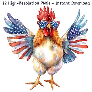 Amerikaanse vlag haan clipart, aquarel cartoon haan met zonnebril, 4 juli patriottische kunst, 12 png, scrapbooking, sublimatie